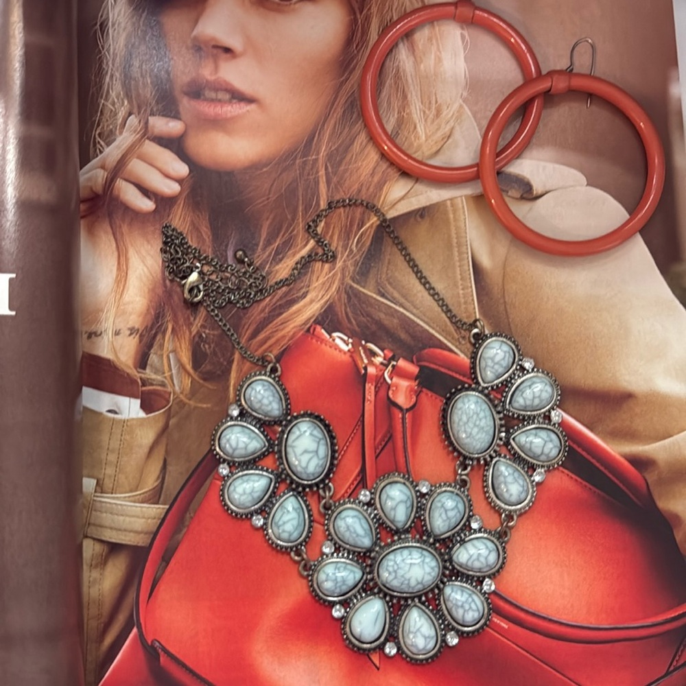 Statement Boho Bib Necklace – Silver Tone with Marbleized Stones